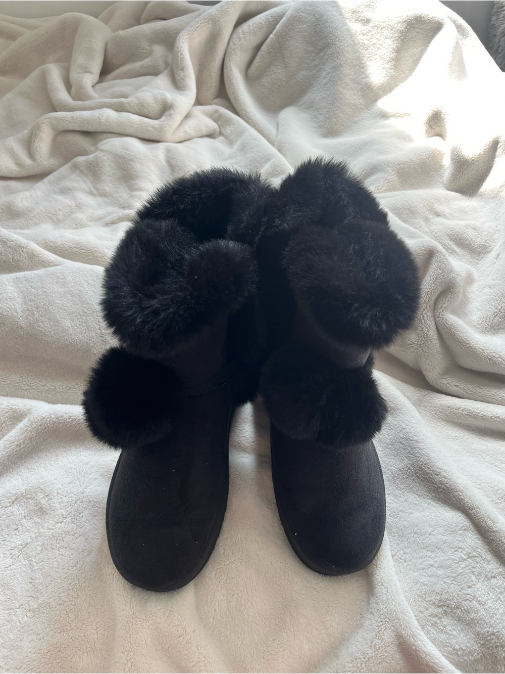 Black Faux Fur Pom Pom Winter Boots - Women